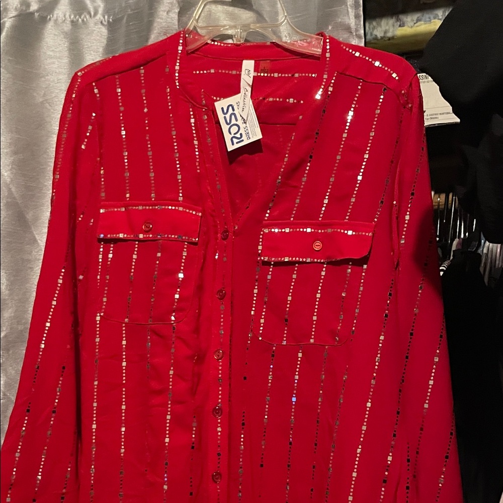 NY Collection Red Sequin-Striped Blouse